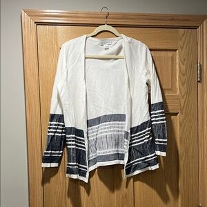 Christopher & Banks White Open-Front Cardigan with Navy Geometric Trim